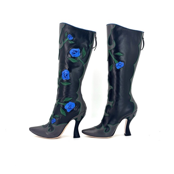 NEW Miu Miu SS 2012 Runway Rose Applique Western Pointed Toe Knee High Boots 37 - Picture 6 of 11